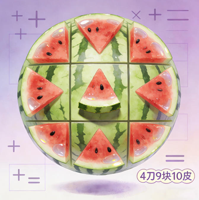 四刀切成九块瓜，吃完剩下十块皮
